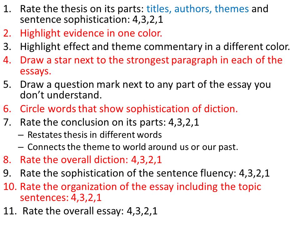 1.Rate the thesis on its parts: titles, authors, themes and sentence sophistication: 4,3,2,1 2.Highlight evidence in one color.