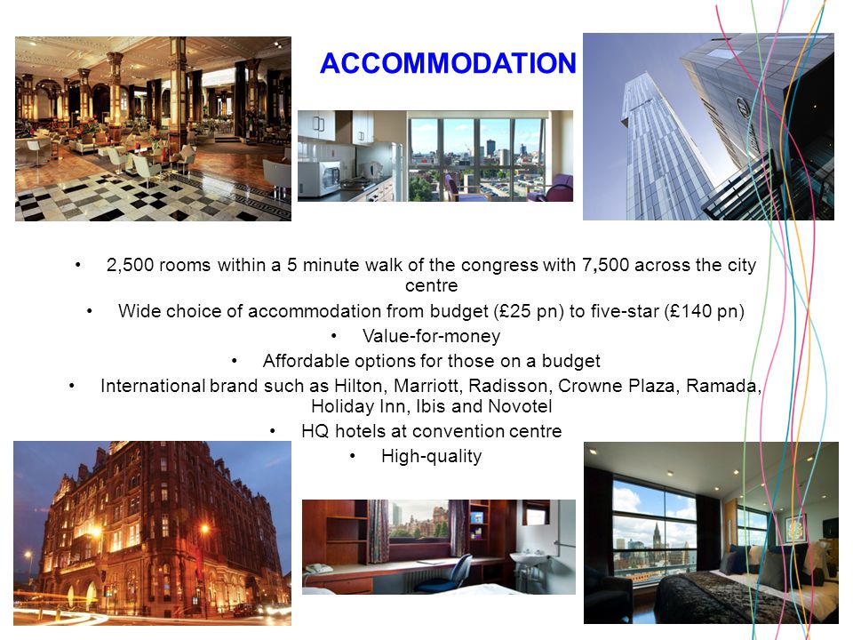 ACCOMMODATION 2,500 rooms within a 5 minute walk of the congress with 7,500 across the city centre Wide choice of accommodation from budget (£25 pn) to five-star (£140 pn) Value-for-money Affordable options for those on a budget International brand such as Hilton, Marriott, Radisson, Crowne Plaza, Ramada, Holiday Inn, Ibis and Novotel HQ hotels at convention centre High-quality