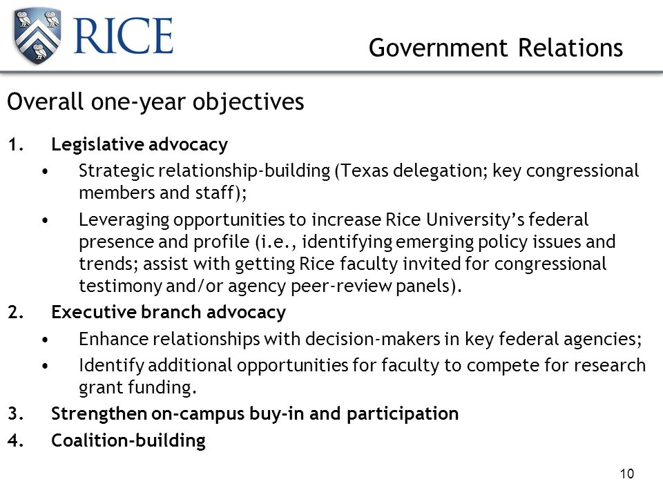 10 Government Relations Overall one-year objectives 1.Legislative advocacy Strategic relationship-building (Texas delegation; key congressional members and staff); Leveraging opportunities to increase Rice University’s federal presence and profile (i.e., identifying emerging policy issues and trends; assist with getting Rice faculty invited for congressional testimony and/or agency peer-review panels).