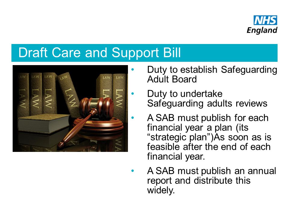 Draft Care and Support Bill Duty to establish Safeguarding Adult Board Duty to undertake Safeguarding adults reviews A SAB must publish for each financial year a plan (its strategic plan )As soon as is feasible after the end of each financial year.