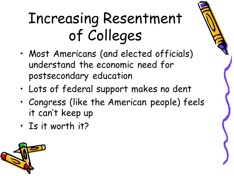 Increasing Resentment of Colleges Most Americans (and elected officials) understand the economic need for postsecondary education Lots of federal support makes no dent Congress (like the American people) feels it can’t keep up Is it worth it