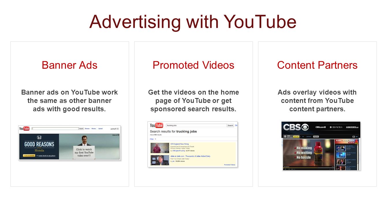 Advertising with YouTube Promoted Videos Get the videos on the home page of YouTube or get sponsored search results.