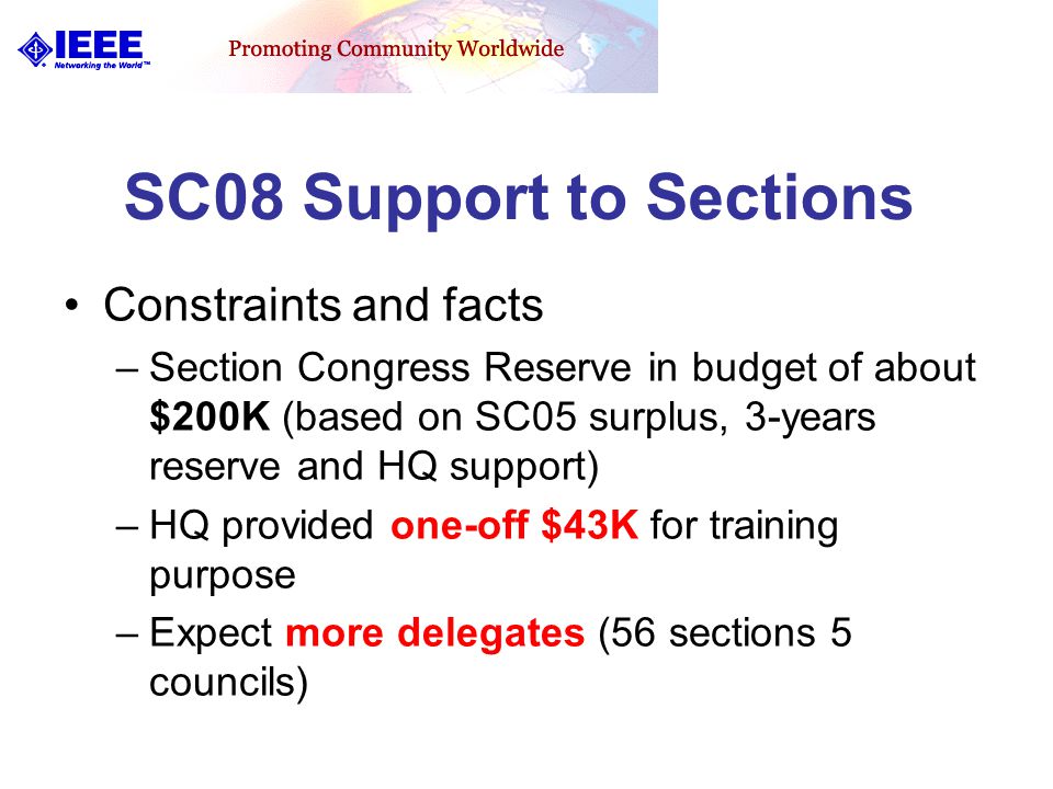 SC08 Support to Sections Constraints and facts –Section Congress Reserve in budget of about $200K (based on SC05 surplus, 3-years reserve and HQ support) –HQ provided one-off $43K for training purpose –Expect more delegates (56 sections 5 councils)