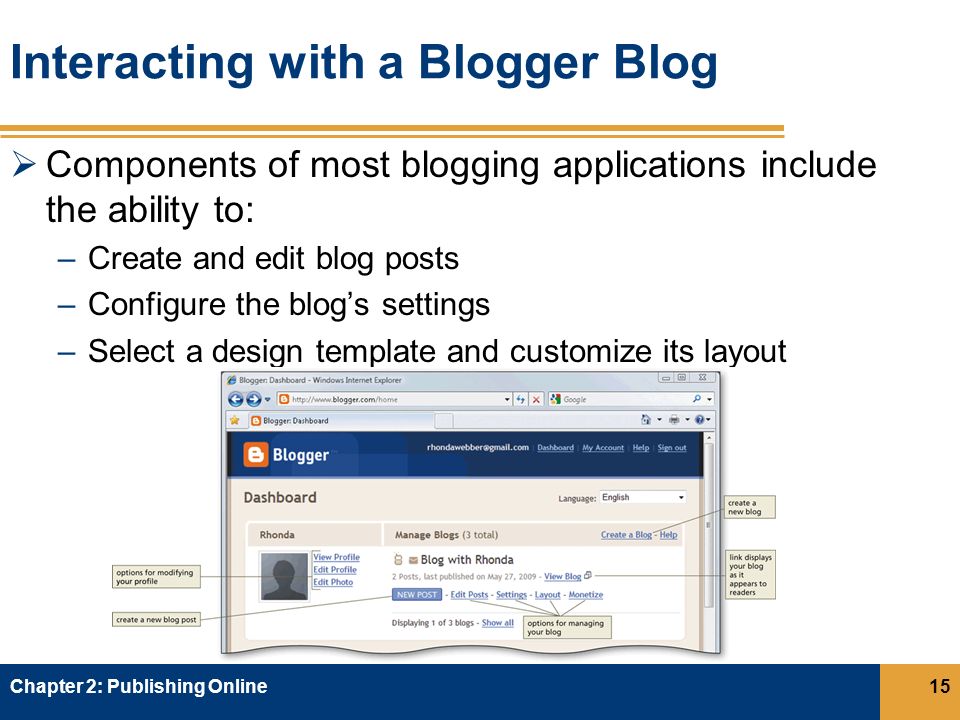Interacting with a Blogger Blog  Components of most blogging applications include the ability to: –Create and edit blog posts –Configure the blog’s settings –Select a design template and customize its layout Chapter 2: Publishing Online15