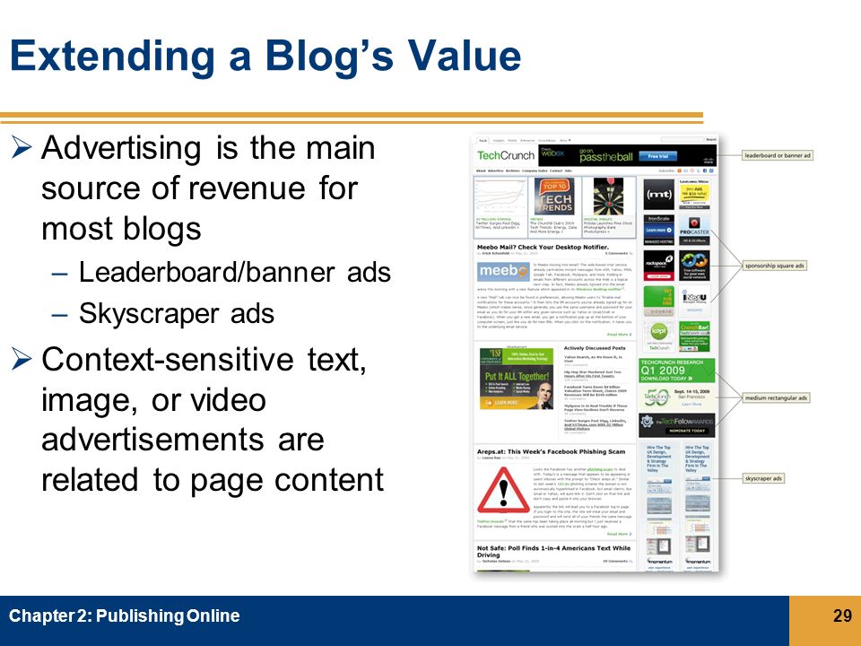 Extending a Blog’s Value  Advertising is the main source of revenue for most blogs –Leaderboard/banner ads –Skyscraper ads  Context-sensitive text, image, or video advertisements are related to page content Chapter 2: Publishing Online29