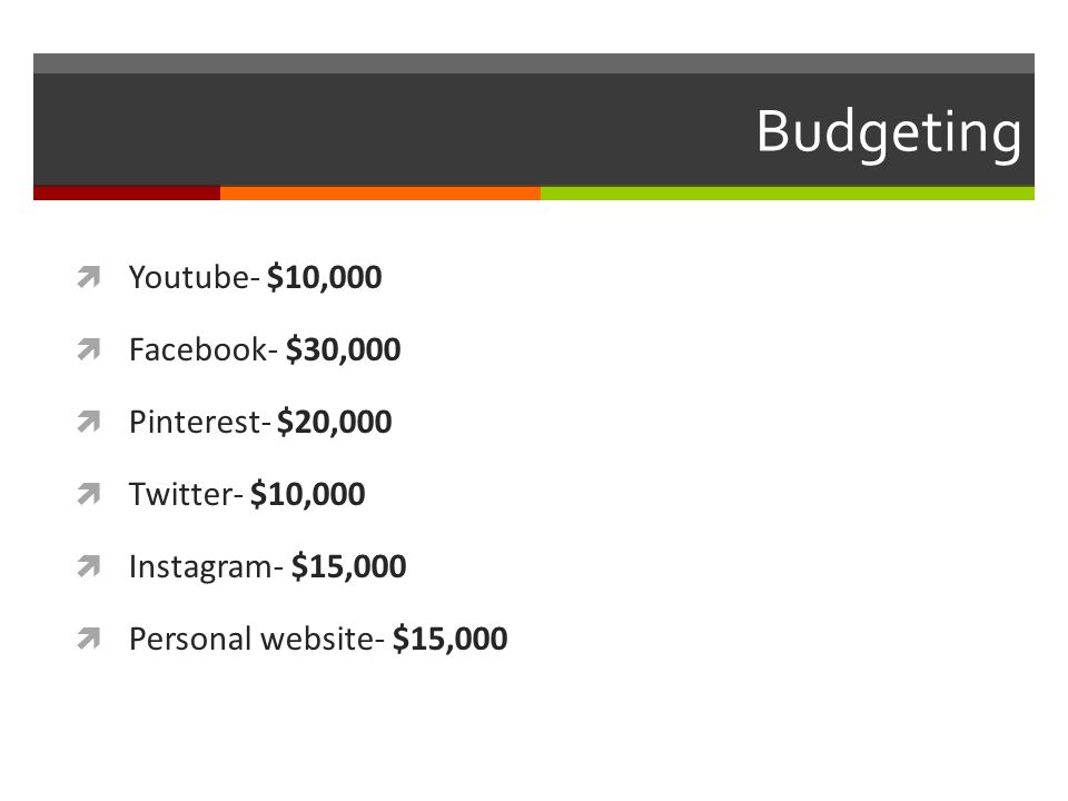 Budgeting  Youtube- $10,000  Facebook- $30,000  Pinterest- $20,000  Twitter- $10,000  Instagram- $15,000  Personal website- $15,000