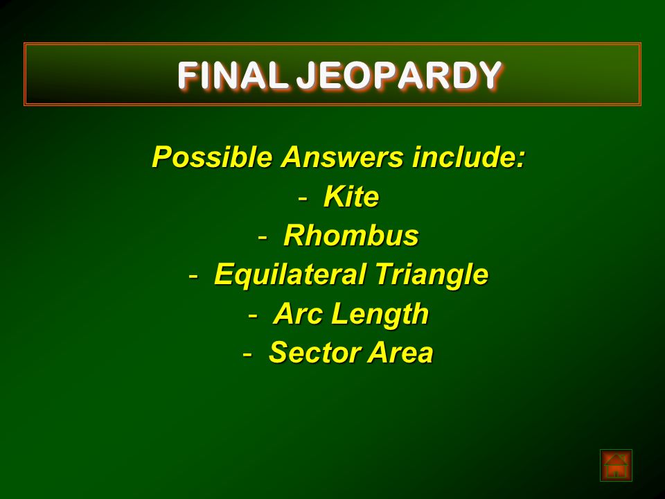 FINAL JEOPARDY Write two formulas that you must have memorized for your test because they are not on the TAKS formula chart.