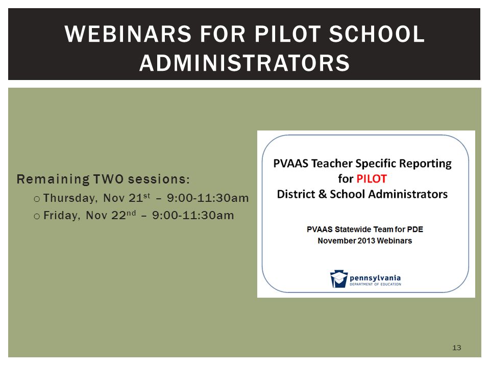 WEBINARS FOR PILOT SCHOOL ADMINISTRATORS Remaining TWO sessions: o Thursday, Nov 21 st – 9:00-11:30am o Friday, Nov 22 nd – 9:00-11:30am 13
