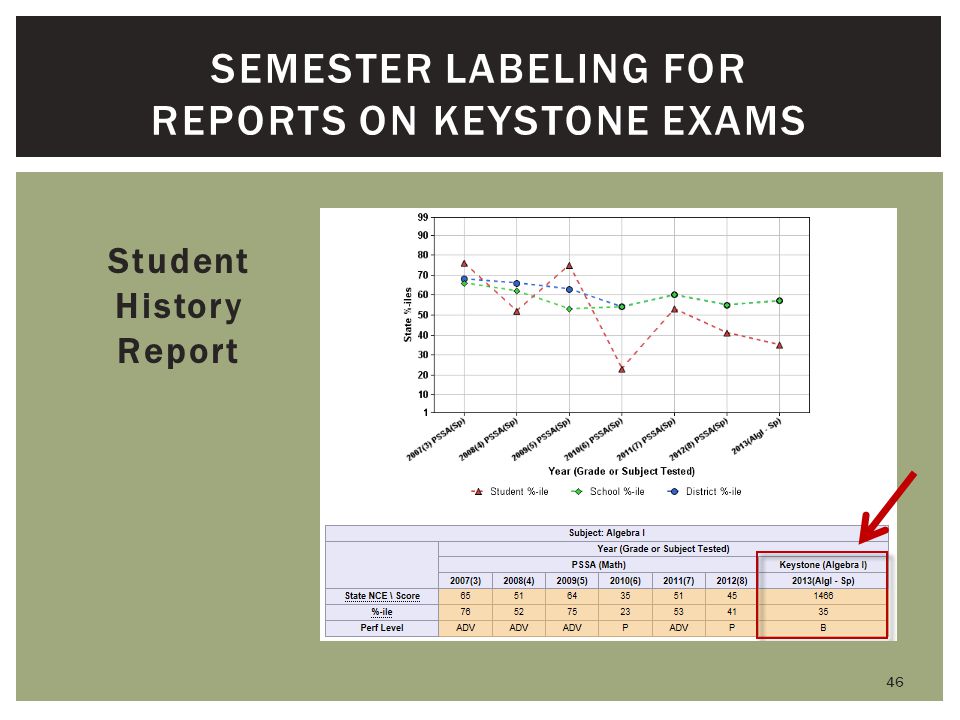 SEMESTER LABELING FOR REPORTS ON KEYSTONE EXAMS Student History Report 46