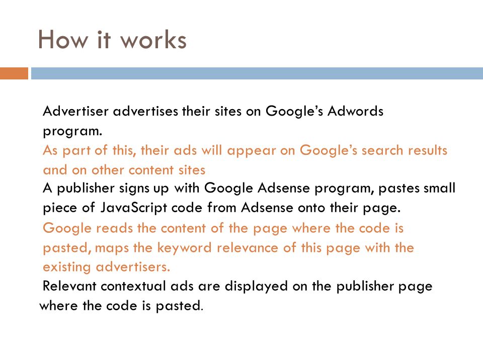 How it works Advertiser advertises their sites on Google’s Adwords program.