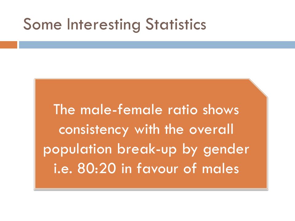 Some Interesting Statistics The male-female ratio shows consistency with the overall population break-up by gender i.e.