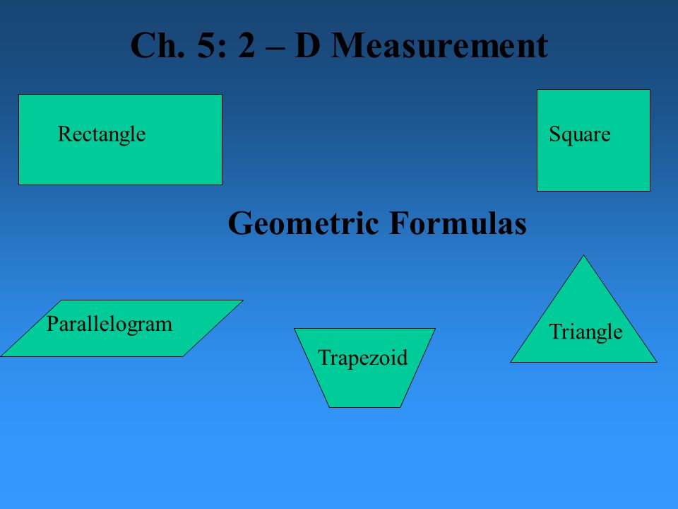 Geometric Formulas RectangleSquare Parallelogram Triangle Ch. 5: 2 – D Measurement Trapezoid