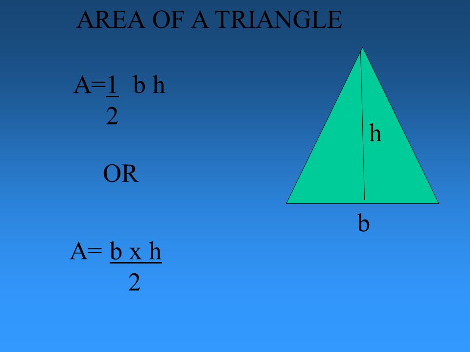 AREA OF A TRIANGLE A=1 b h 2 b h OR A= b x h 2