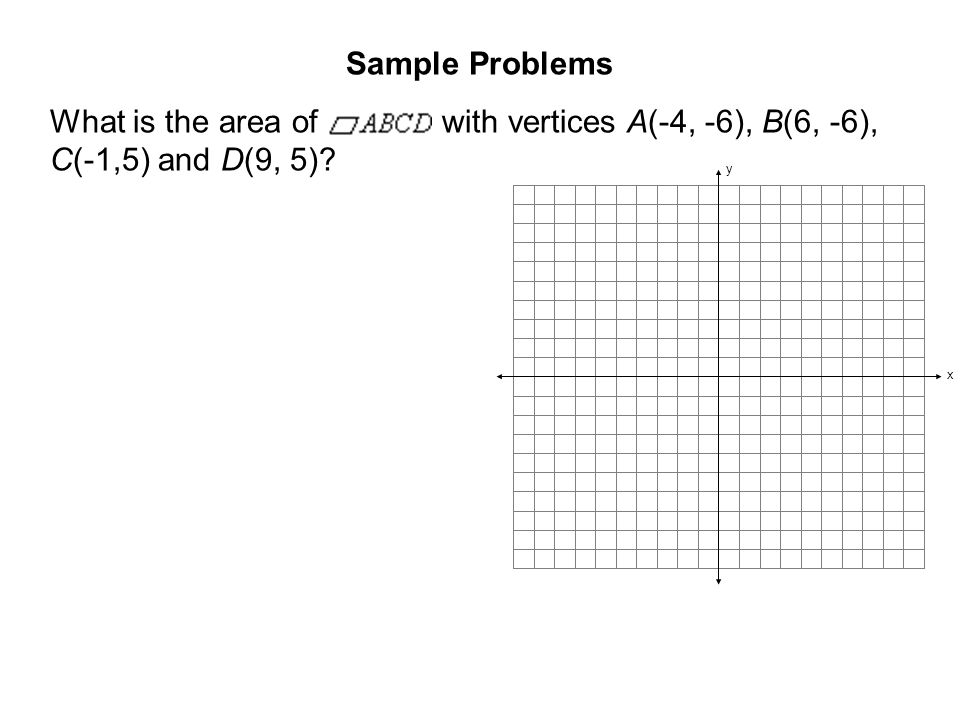 Sample Problems What is the area of with vertices A(-4, -6), B(6, -6), C(-1,5) and D(9, 5) y x