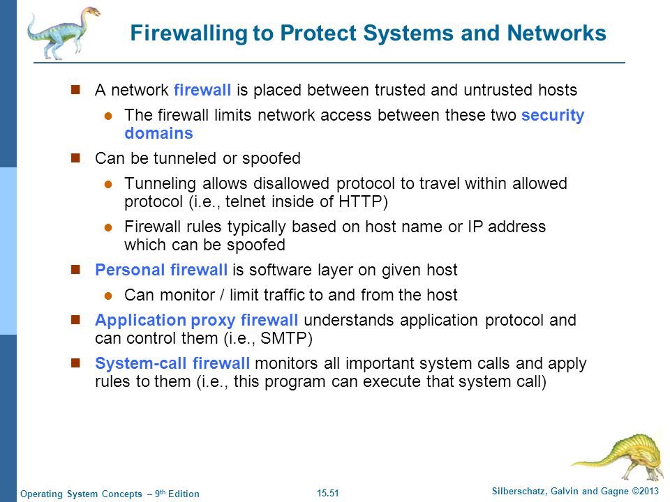 15.51 Silberschatz, Galvin and Gagne ©2013 Operating System Concepts – 9 th Edition Firewalling to Protect Systems and Networks A network firewall is placed between trusted and untrusted hosts The firewall limits network access between these two security domains Can be tunneled or spoofed Tunneling allows disallowed protocol to travel within allowed protocol (i.e., telnet inside of HTTP) Firewall rules typically based on host name or IP address which can be spoofed Personal firewall is software layer on given host Can monitor / limit traffic to and from the host Application proxy firewall understands application protocol and can control them (i.e., SMTP) System-call firewall monitors all important system calls and apply rules to them (i.e., this program can execute that system call)