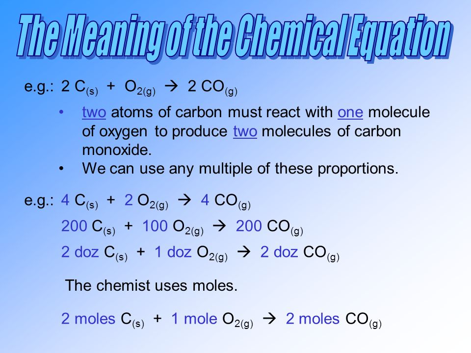 e.g.:2 C (s) + O 2(g)  2 CO (g) two atoms of carbon must react with one molecule of oxygen to produce two molecules of carbon monoxide.