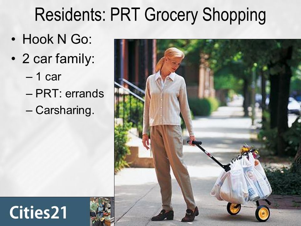 Residents: PRT Grocery Shopping Hook N Go: 2 car family: –1 car –PRT: errands –Carsharing.