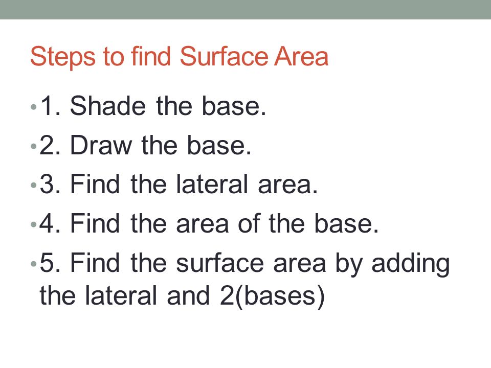 Steps to find Surface Area 1. Shade the base. 2.