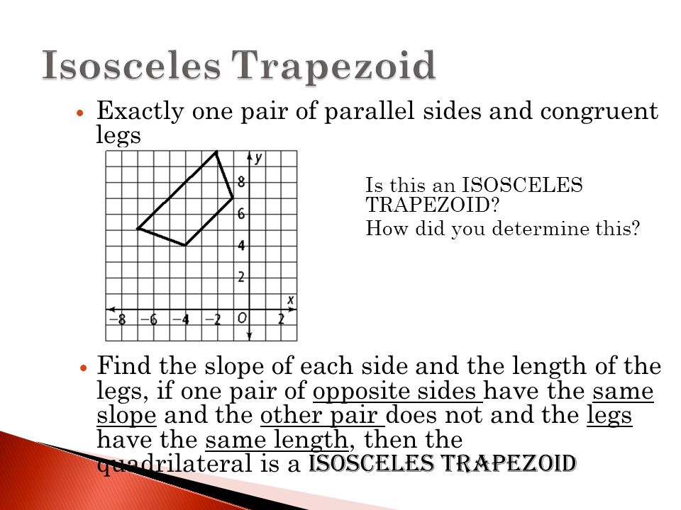 Exactly one pair of parallel sides and congruent legs  Is this an ISOSCELES TRAPEZOID.