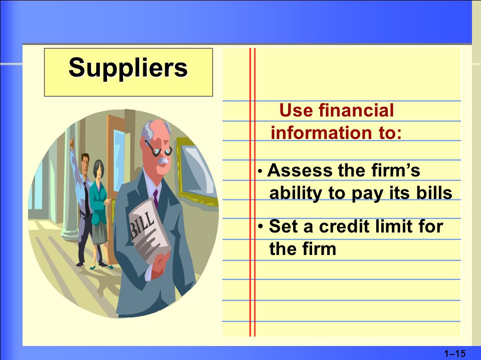 1–15 Assess the firm’s ability to pay its bills Set a credit limit for the firm Suppliers Use financial information to: