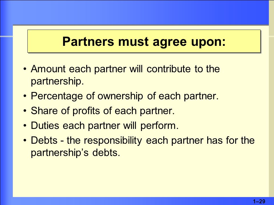 1–29 Partners must agree upon: Amount each partner will contribute to the partnership.