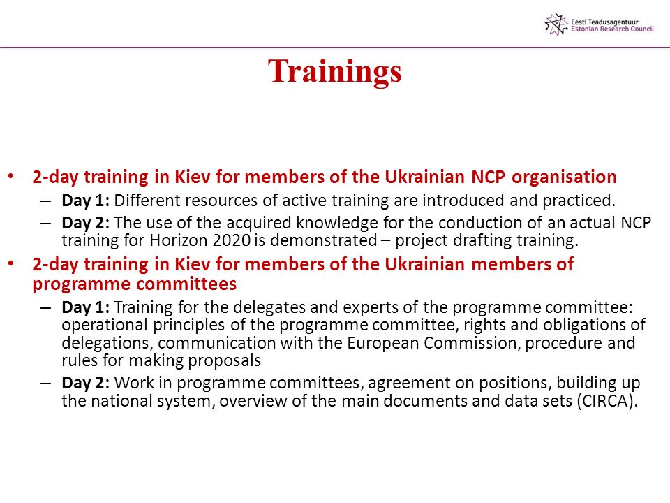 Trainings 2-day training in Kiev for members of the Ukrainian NCP organisation – Day 1: Different resources of active training are introduced and practiced.