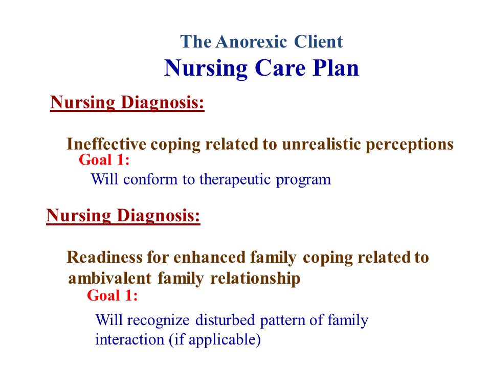 The Anorexic Client Nursing Care Plan Nursing Diagnosis: Ineffective coping related to unrealistic perceptions Goal 1: Will conform to therapeutic program Nursing Diagnosis: Readiness for enhanced family coping related to ambivalent family relationship Goal 1: Will recognize disturbed pattern of family interaction (if applicable)