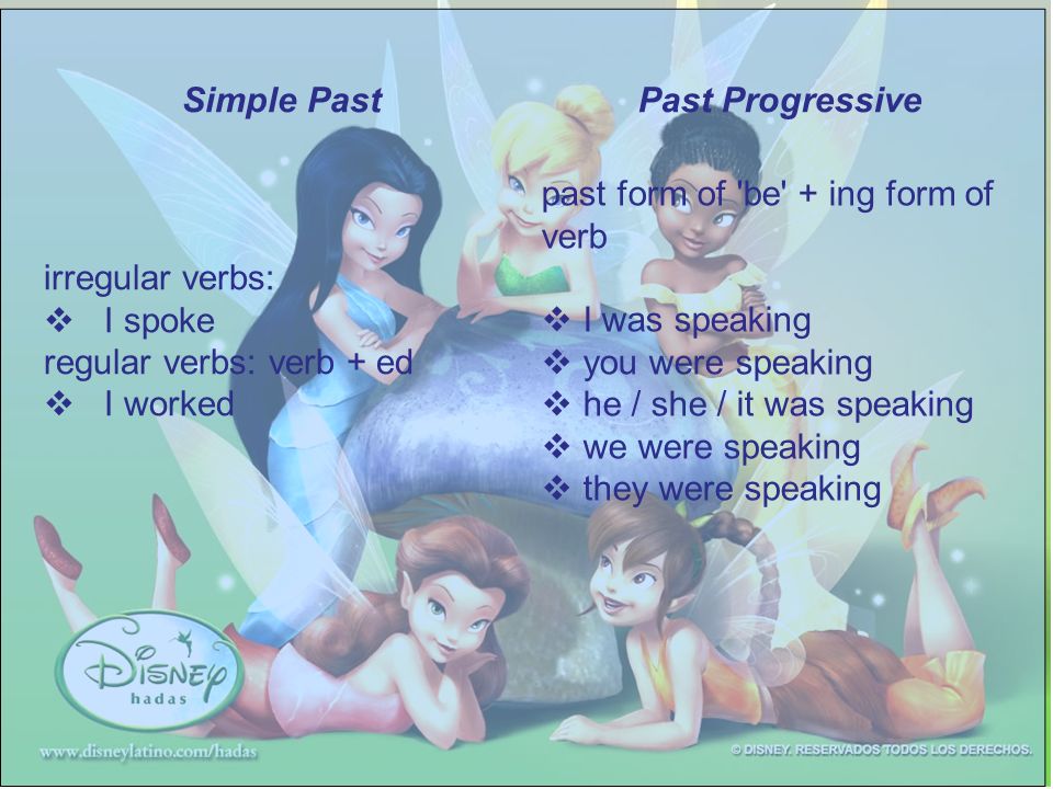 Simple PastPast Progressive irregular verbs:  I spoke regular verbs: verb + ed  I worked past form of be + ing form of verb  I was speaking  you were speaking  he / she / it was speaking  we were speaking  they were speaking