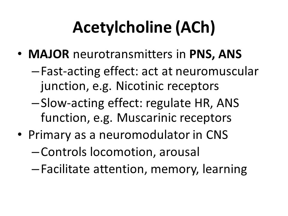 Acetylcholine (ACh) MAJOR neurotransmitters in PNS, ANS – Fast-acting effect: act at neuromuscular junction, e.g.