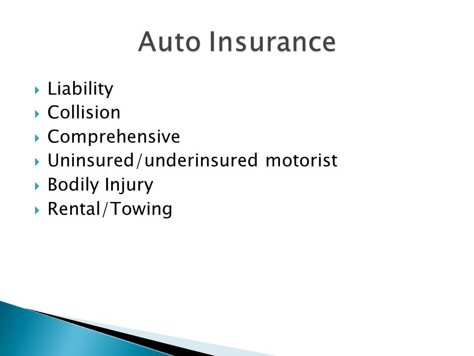  Liability  Collision  Comprehensive  Uninsured/underinsured motorist  Bodily Injury  Rental/Towing