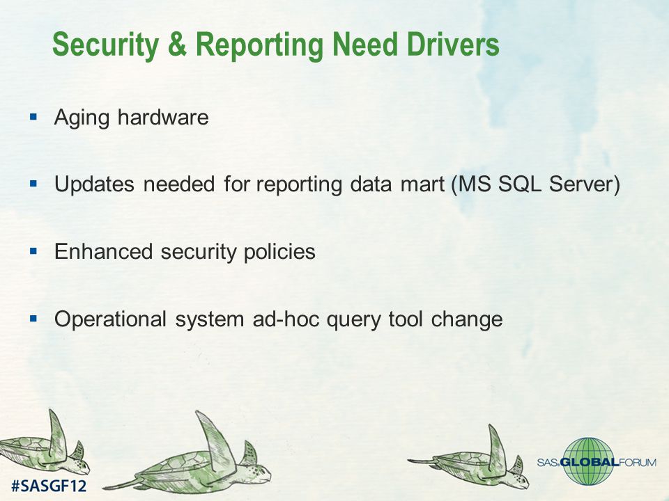 Security & Reporting Need Drivers  Aging hardware  Updates needed for reporting data mart (MS SQL Server)  Enhanced security policies  Operational system ad-hoc query tool change
