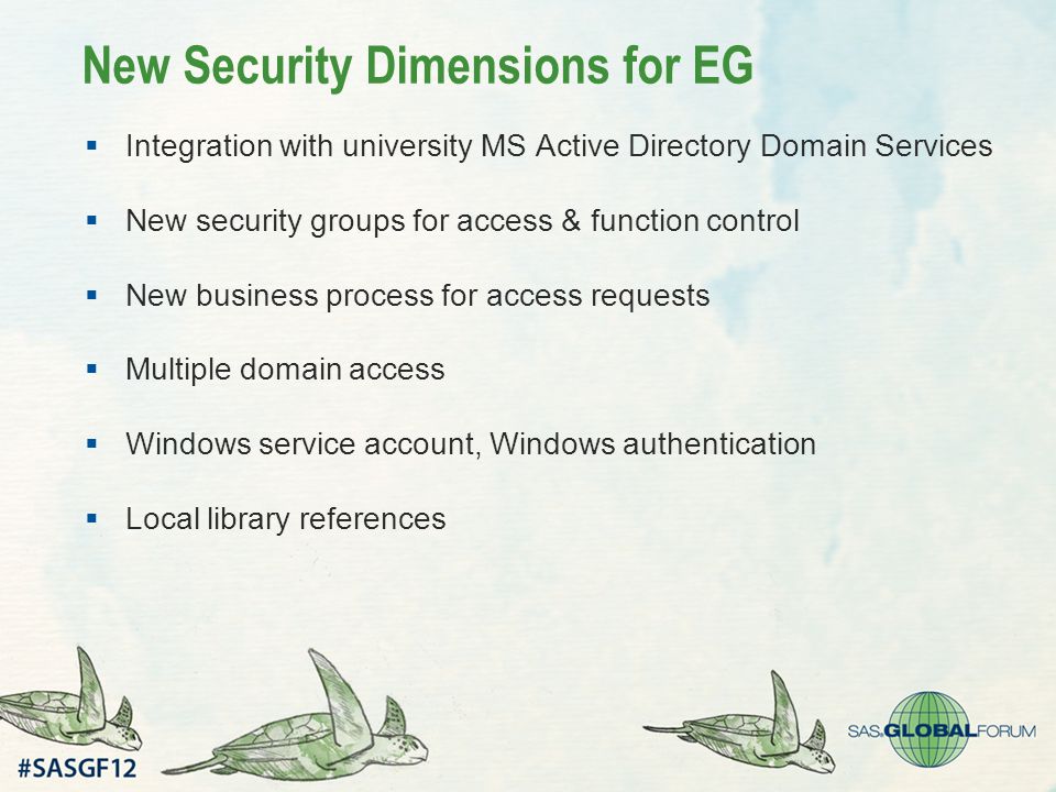 New Security Dimensions for EG  Integration with university MS Active Directory Domain Services  New security groups for access & function control  New business process for access requests  Multiple domain access  Windows service account, Windows authentication  Local library references