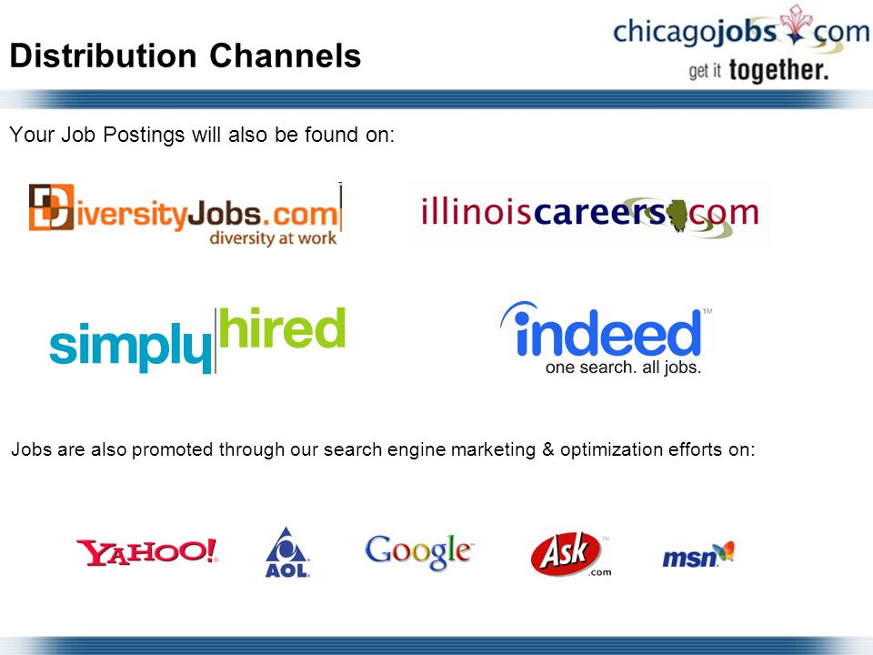 Distribution Channels Your Job Postings will also be found on: Jobs are also promoted through our search engine marketing & optimization efforts on: