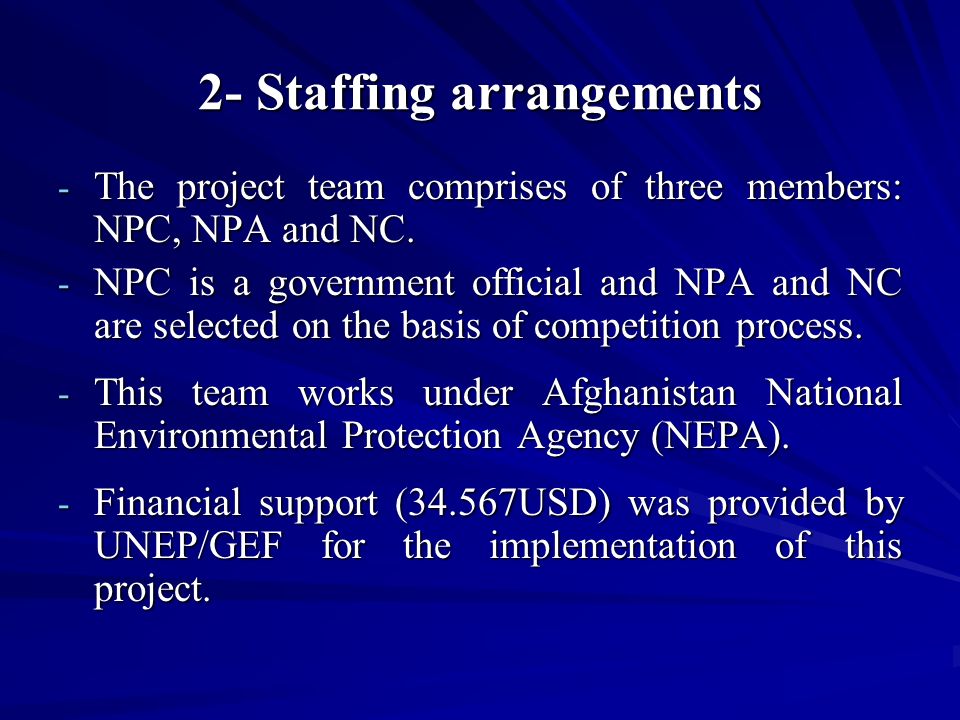 2- Staffing arrangements - The project team comprises of three members: NPC, NPA and NC.