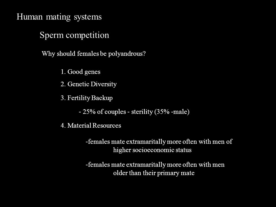Human mating systems Sperm competition Why should females be polyandrous.