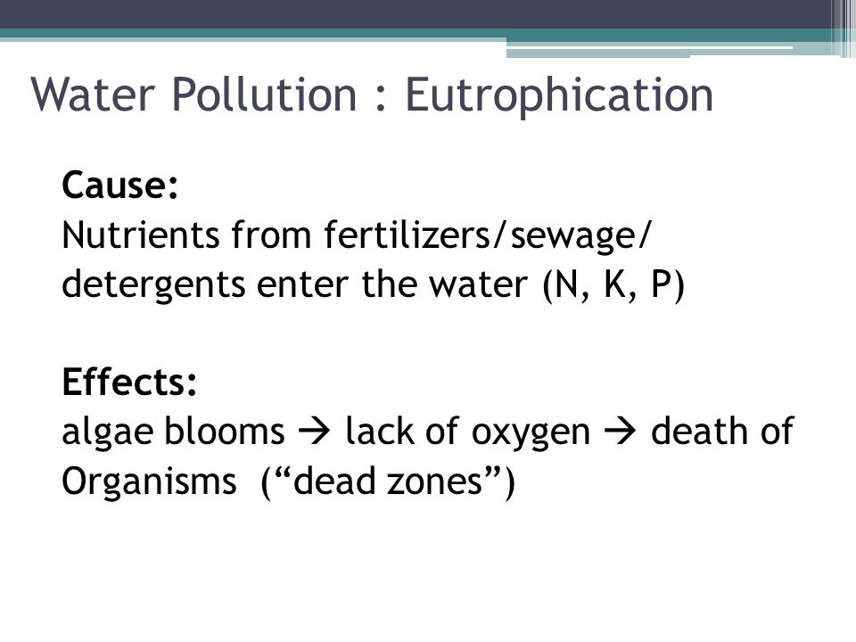 Water Pollution : Eutrophication Cause: Nutrients from fertilizers/sewage/ detergents enter the water (N, K, P) Effects: algae blooms  lack of oxygen  death of Organisms ( dead zones )