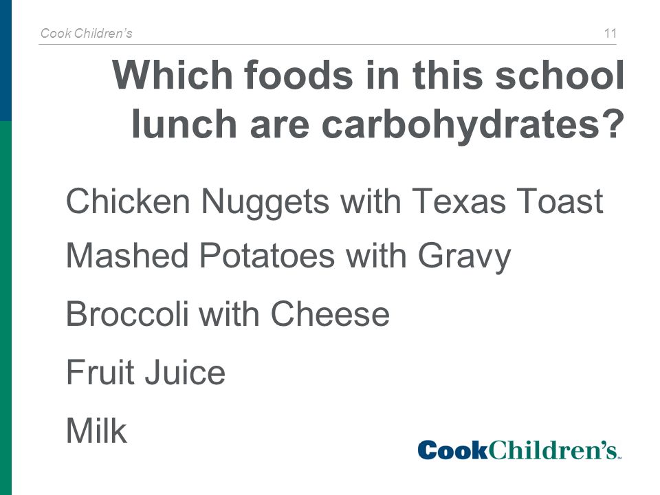 Cook Children’s 11 Which foods in this school lunch are carbohydrates.