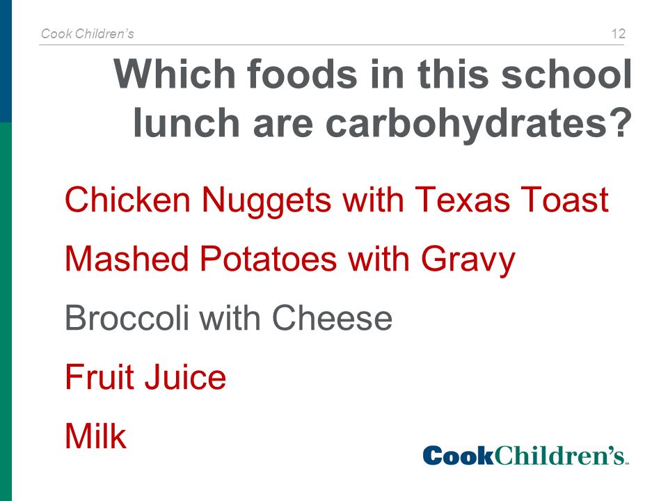 Cook Children’s 12 Which foods in this school lunch are carbohydrates.