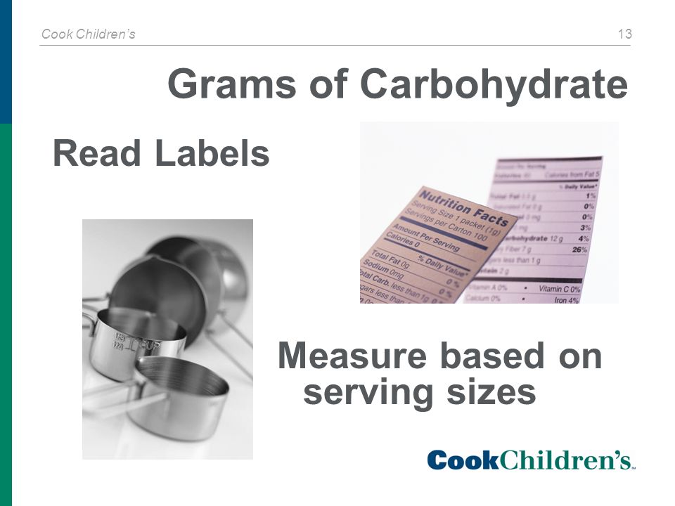 Cook Children’s 13 Grams of Carbohydrate Measure based on serving sizes Read Labels