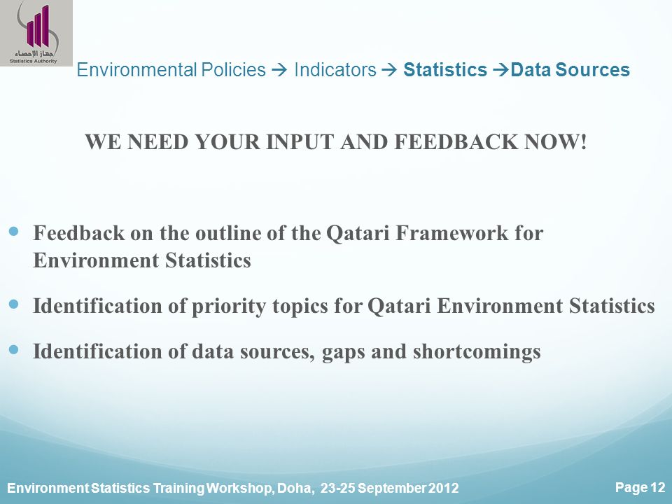Environment Statistics Training Workshop, Doha, September 2012 Page 12 Environmental Policies  Indicators  Statistics  Data Sources WE NEED YOUR INPUT AND FEEDBACK NOW.