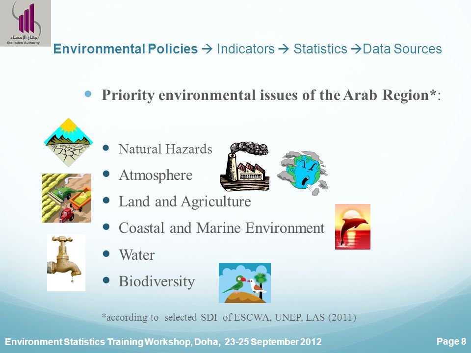 Environment Statistics Training Workshop, Doha, September 2012 Page 8 Environmental Policies  Indicators  Statistics  Data Sources Priority environmental issues of the Arab Region*: Natural Hazards Atmosphere Land and Agriculture Coastal and Marine Environment Water Biodiversity *according to selected SDI of ESCWA, UNEP, LAS (2011)