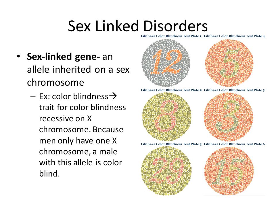 Sex Linked Disorders Sex-linked gene- an allele inherited on a sex chromosome – Ex: color blindness  trait for color blindness recessive on X chromosome.