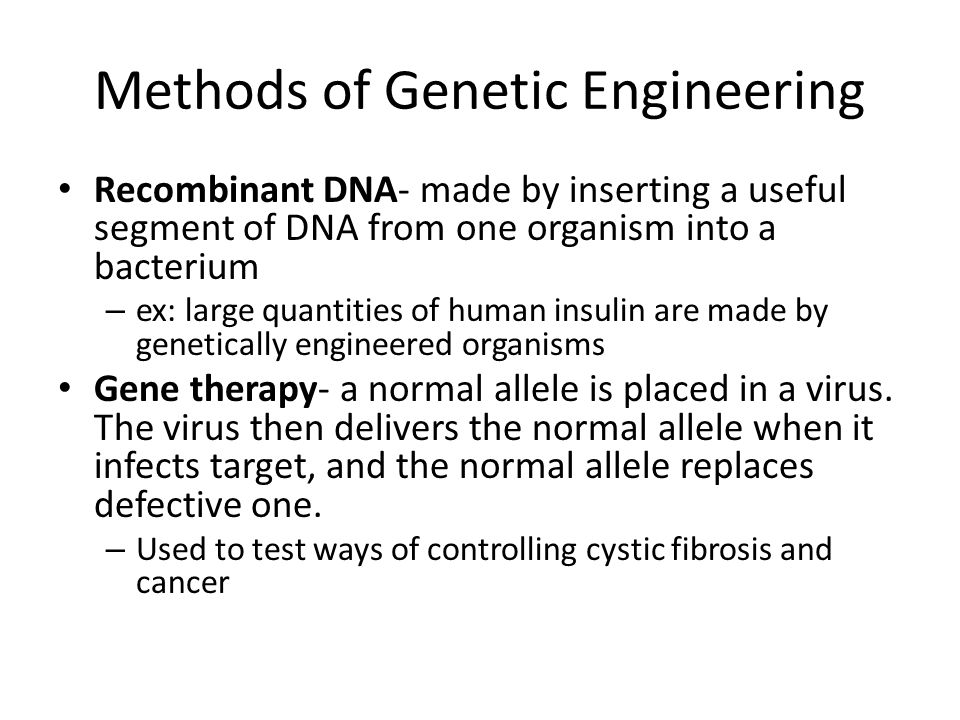 Methods of Genetic Engineering Recombinant DNA- made by inserting a useful segment of DNA from one organism into a bacterium – ex: large quantities of human insulin are made by genetically engineered organisms Gene therapy- a normal allele is placed in a virus.