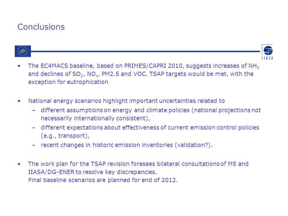 Conclusions The EC4MACS baseline, based on PRIMES/CAPRI 2010, suggests increases of NH 3 and declines of SO 2, NO x, PM2.5 and VOC.