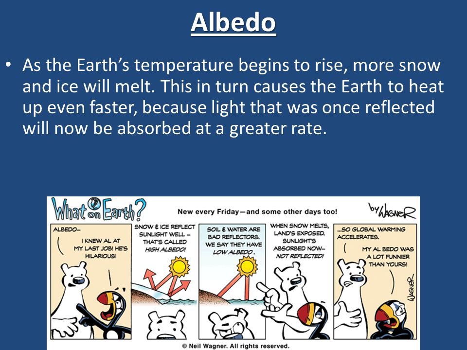 Albedo As the Earth’s temperature begins to rise, more snow and ice will melt.