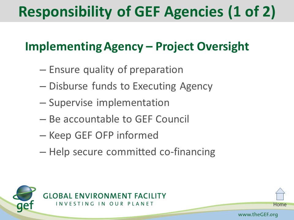 Home Implementing Agency – Project Oversight – Ensure quality of preparation – Disburse funds to Executing Agency – Supervise implementation – Be accountable to GEF Council – Keep GEF OFP informed – Help secure committed co-financing Responsibility of GEF Agencies (1 of 2)