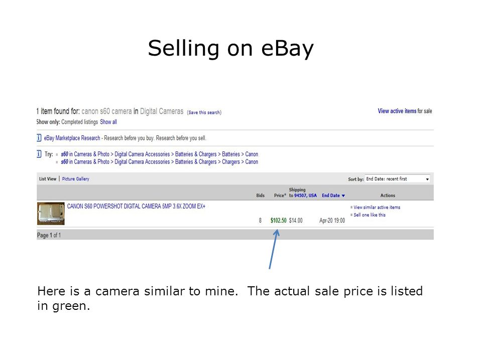 Selling on eBay Here is a camera similar to mine. The actual sale price is listed in green.