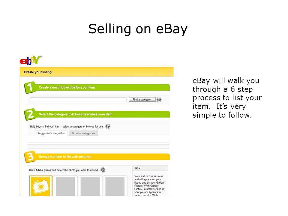 Selling on eBay eBay will walk you through a 6 step process to list your item.