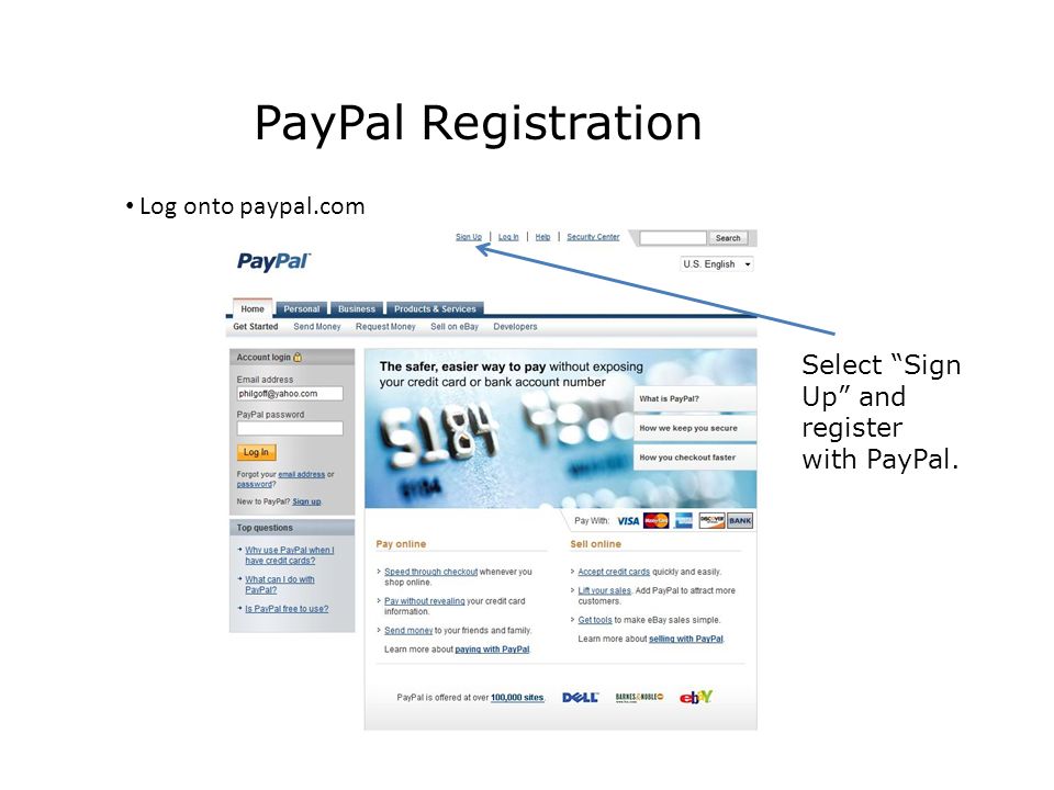 PayPal Registration Log onto paypal.com Select Sign Up and register with PayPal.
