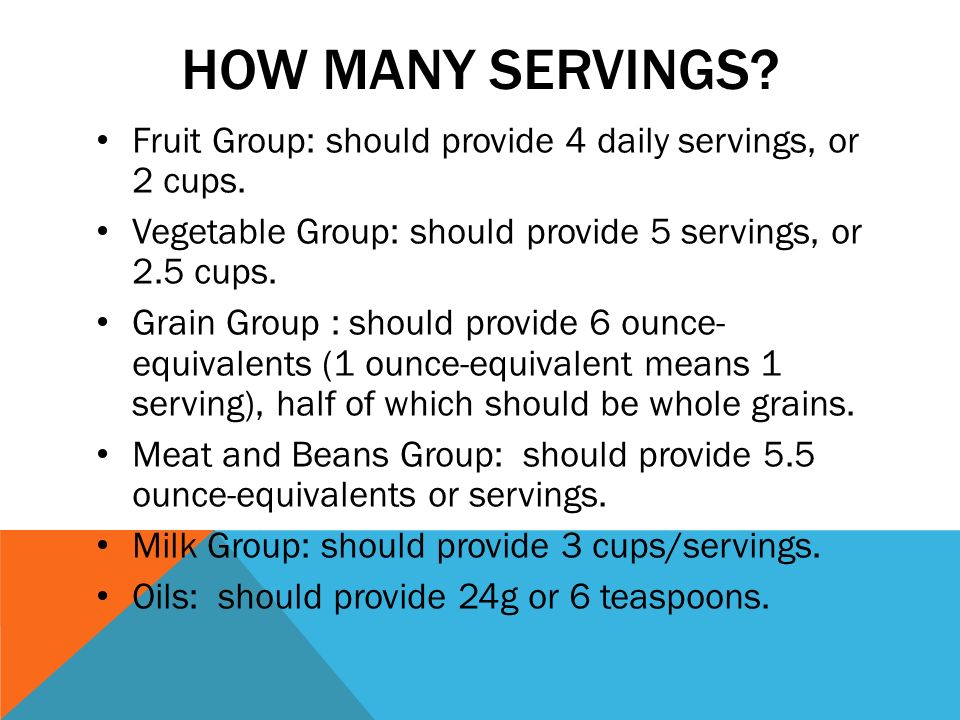 HOW MANY SERVINGS. Fruit Group: should provide 4 daily servings, or 2 cups.